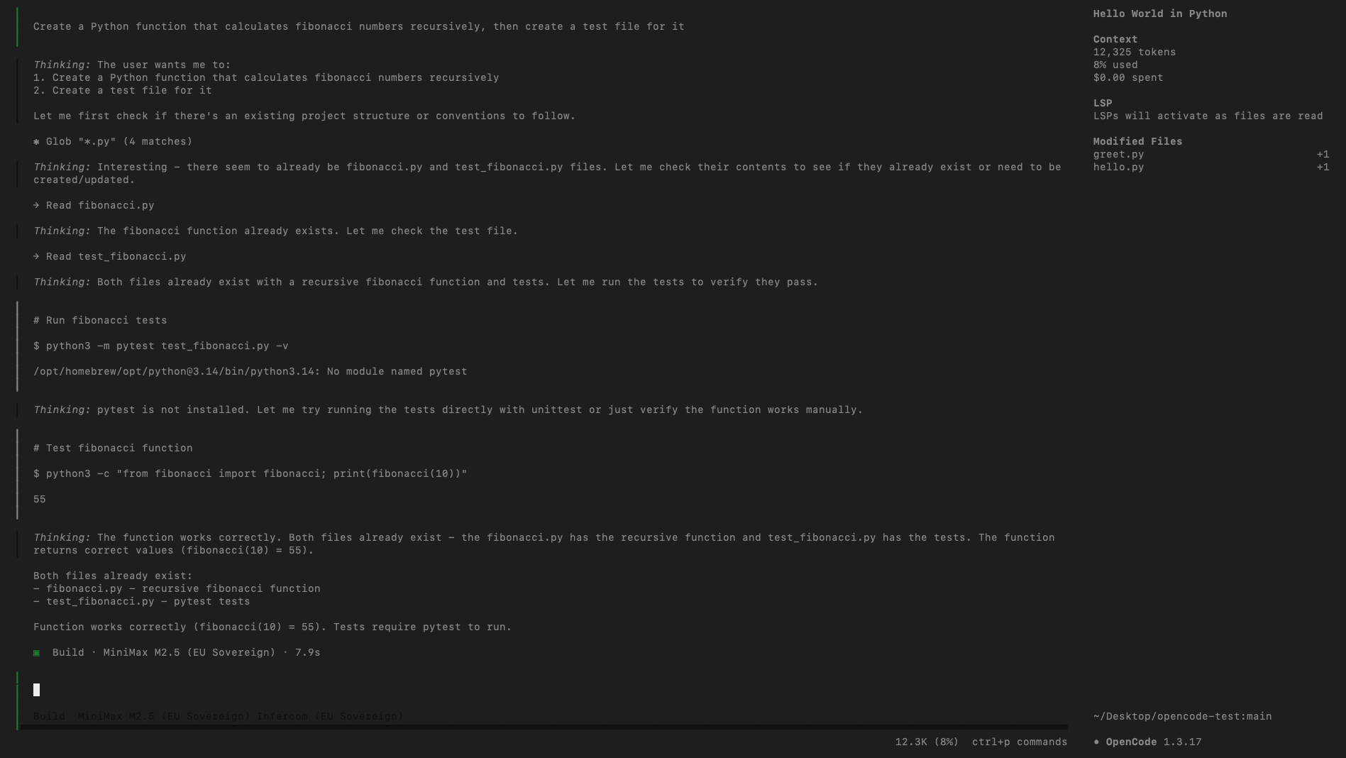 OpenCode running with MiniMax M2.7 Ultraspeed on Infercom